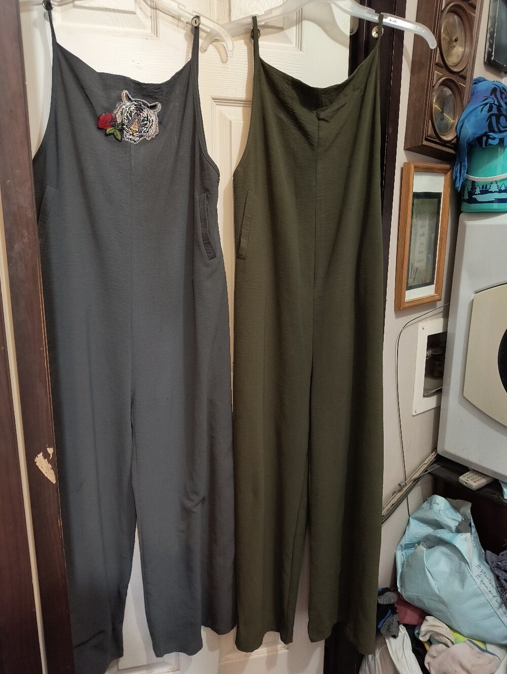 Lot of 2 Large Comfy Polyester Jumpsuits in Green & Gray